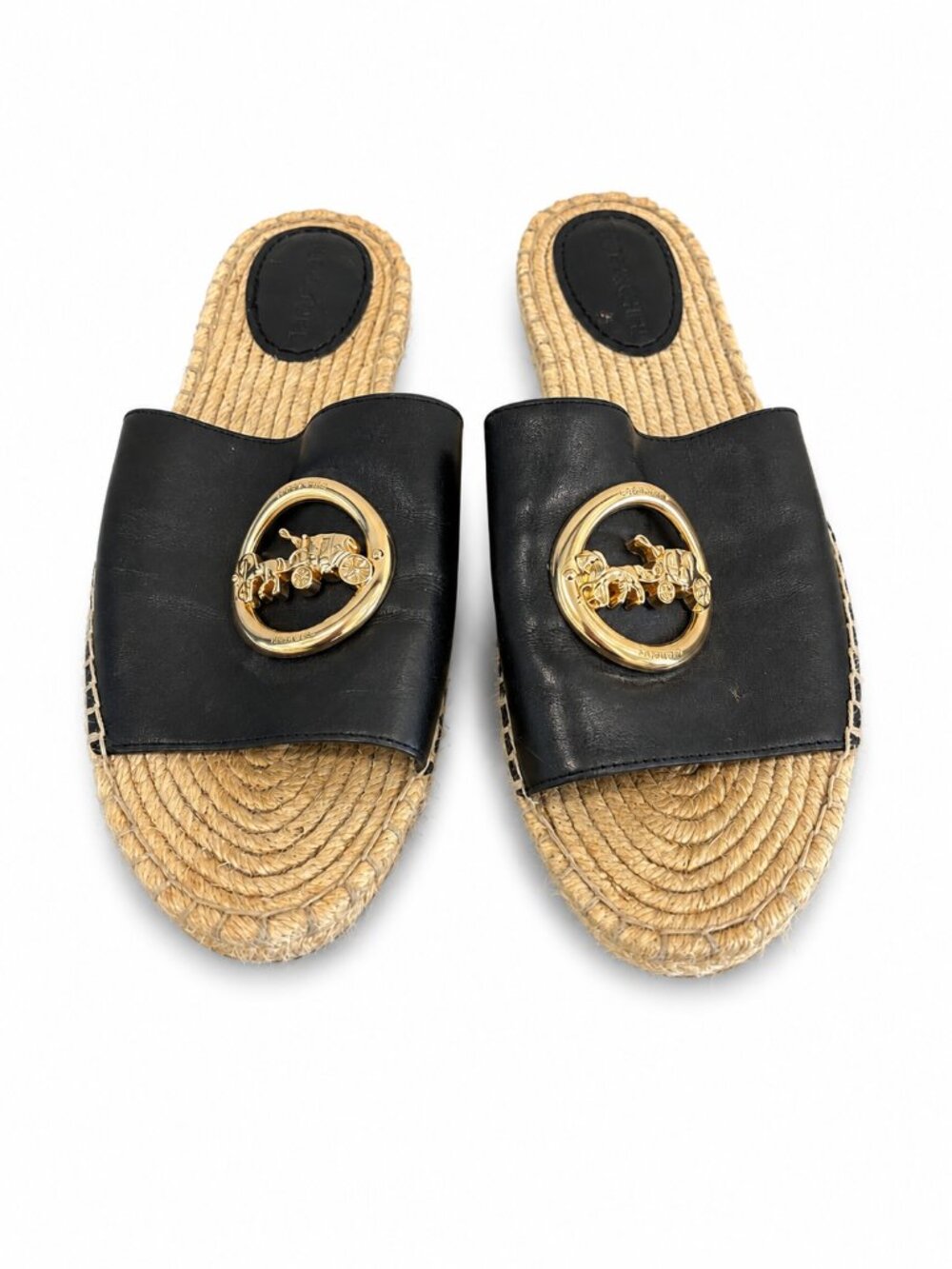 Coach Shoes Coach Camille Espadrille Jute Footbead Black Leather Gold Size